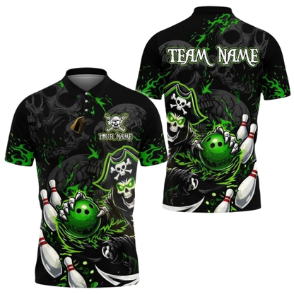 Custom Pirate Skull Bowling Men Polo Shirt Red Black, Custom Skull Bowling Team Shirt BZ0996