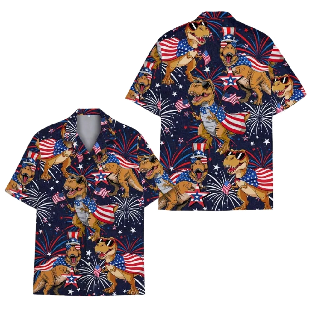 Dinosaur American Flag Hawaiian Shirt For Men Women, Dinosaur Fourth Of July Hawaiian Shirts HE0311