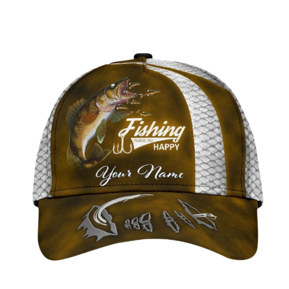Fishing Make Me Happy Custom Walleye Fish 3D Printed Baseball Cap, Custom Fishing Caps CP0374
