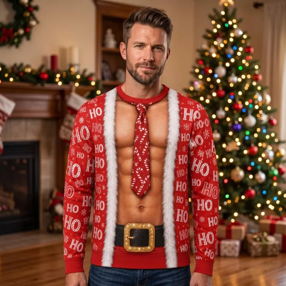 Santa Abs 3D Printed Christmas Sweatshirt For Men, Funny Christmas Sweater 2D1050