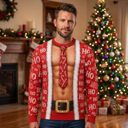 Santa Abs 3D Printed Christmas Sweatshirt For Men, Funny Christmas Sweater 2D1050