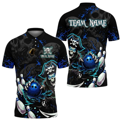 Custom Pirate Skull Bowling Men Polo Shirt Red Black, Custom Skull Bowling Team Shirt BZ0996