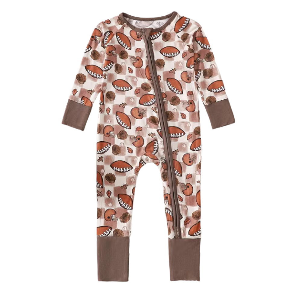 Football Brown Baby Convertible Romper Zipper, Baby Football Convertible Romper BB0641