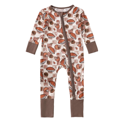 Football Brown Baby Convertible Romper Zipper, Baby Football Convertible Romper BB0641