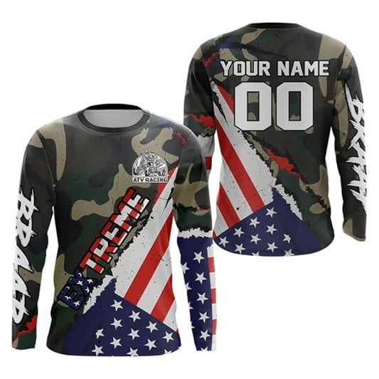 American Flag Camouflage Men's Custom ATV Long Sleeve Shirts, Custom Camo Patriotic ATV Jerseys MZ0043