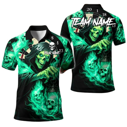 Custom Green Skull Grim Reaper Darts Polo Shirt For Men, Custom Skull Darts Team Shirts DE0079
