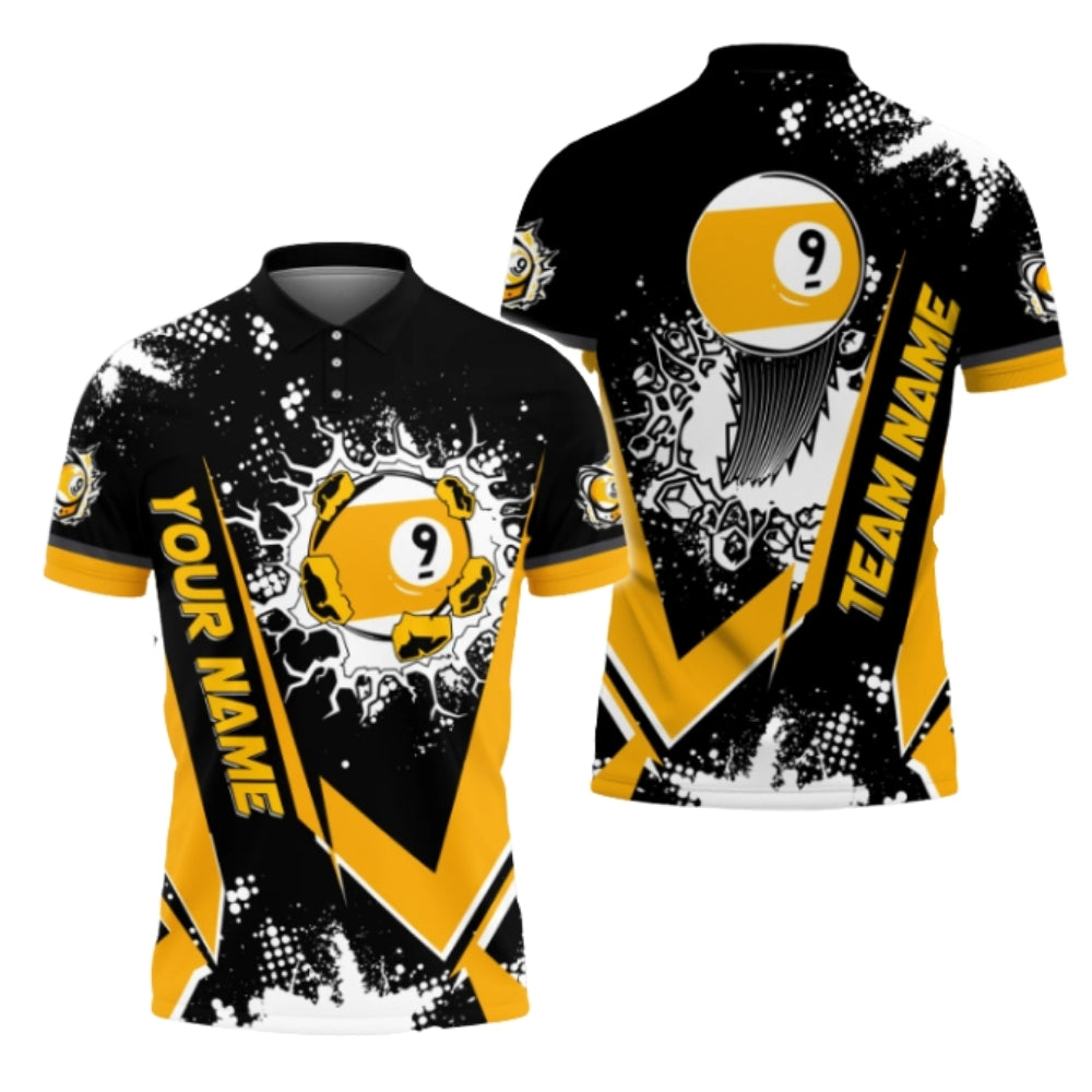 Custom 9 Ball Black Yellow Billiard Polo Shirts For Men, Custom 9 Ball Billiard Team Shirts BIZ0300