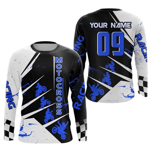 Custom Racing Motocross Blue And White Long Sleeve Jersey For Men, Custom Dirt Bike Shirts MZ0056
