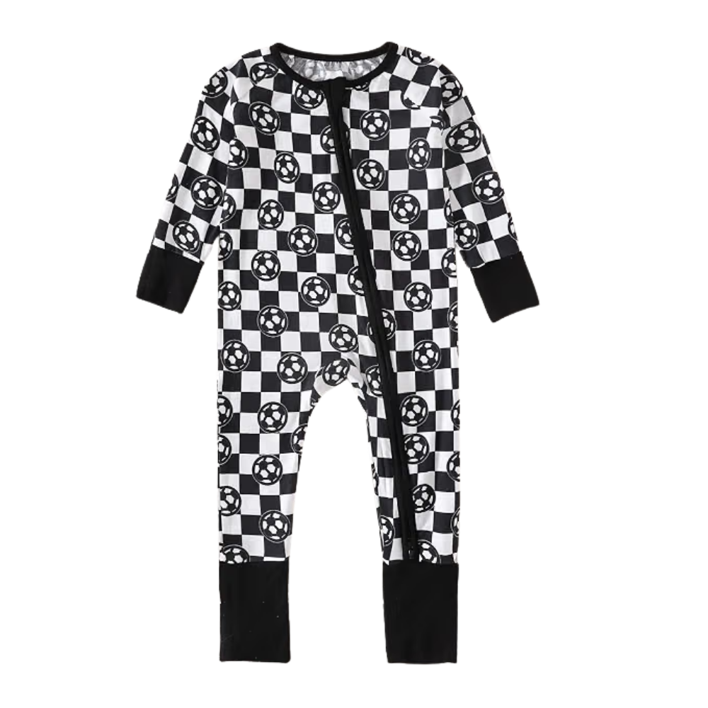 Soccer Checkered Baby Convertible Zippy Romper, Baby Soccer Convertible Romper BB0642