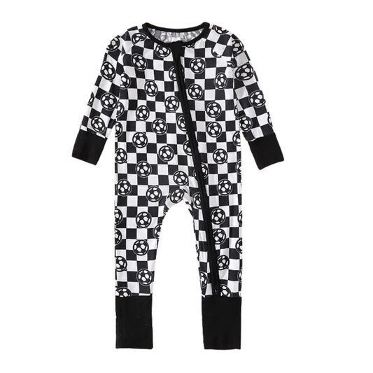 Soccer Checkered Baby Convertible Zippy Romper, Baby Soccer Convertible Romper BB0642