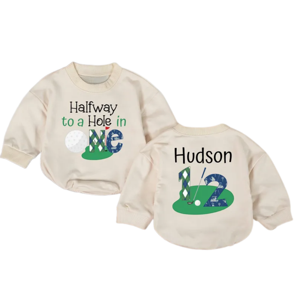 Custom Halfway To The Hole In One Baby Romper Sweatshirt, Custom Golf 1/2 Birthday Baby Romper Sweater BB0513