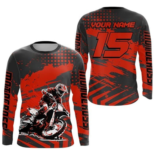 Men's Custom Black And Red MX Long Sleeve Jersey, Custom Motocross Shirts MZ0044