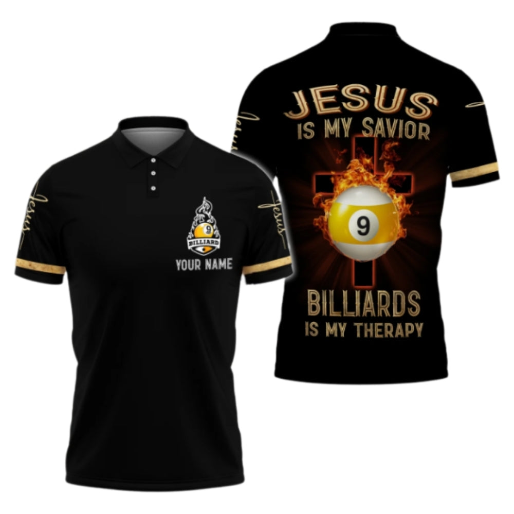 Jesus Is My Savior Billiards Is My Therapy Custom Flame 9 Ball Billiard Polo Shirt Men, Custom Christian 9 Ball Billiard Shirts BIZ0301