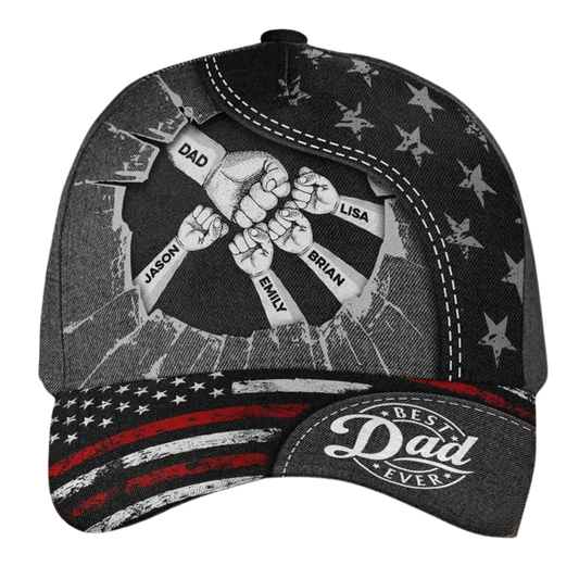 USA Flag Best Dad Ever Custom Fist Bump Dad Kid Names Baseball Cap, Custom Father Day Caps CP0155