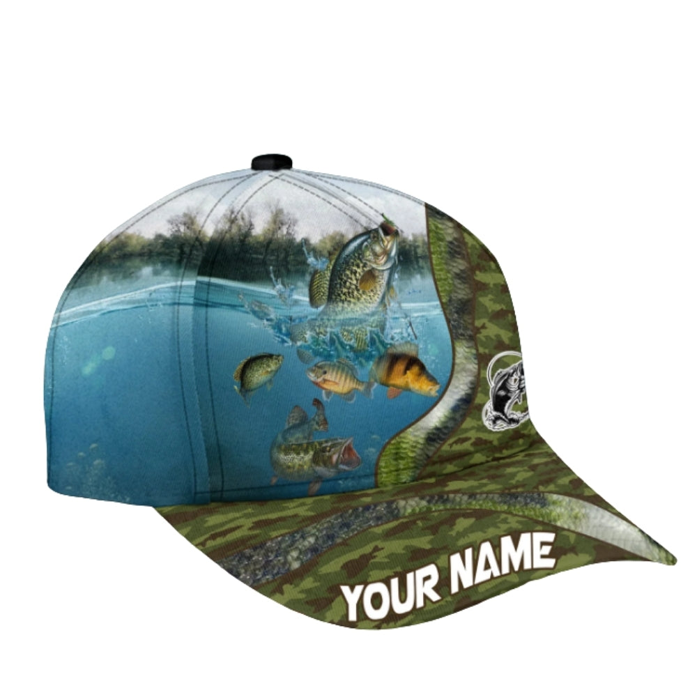 Custom Green Camo Panfish Fishing Baseball Cap, Custom Panfish Fishing 3D Printed Caps CP0376