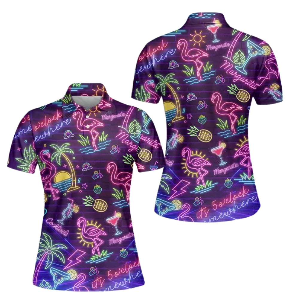 Women's Neon Flamingo Margarita Golf Polo Shirt, Flamingo Cocktail Golf Shirt For Ladies GE0356
