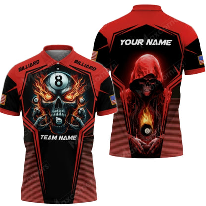 Custom Skull Mens Flaming 8 Ball Black And Red Billiard Polo Shirt, Custom Skull 8 Ball Billiard Pool Team Shirts BIZ0303