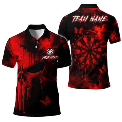 Custom Black And Red Skull Dartboard Men's Polo Shirt, Custom Skull Darts Shirt For Team DE0080