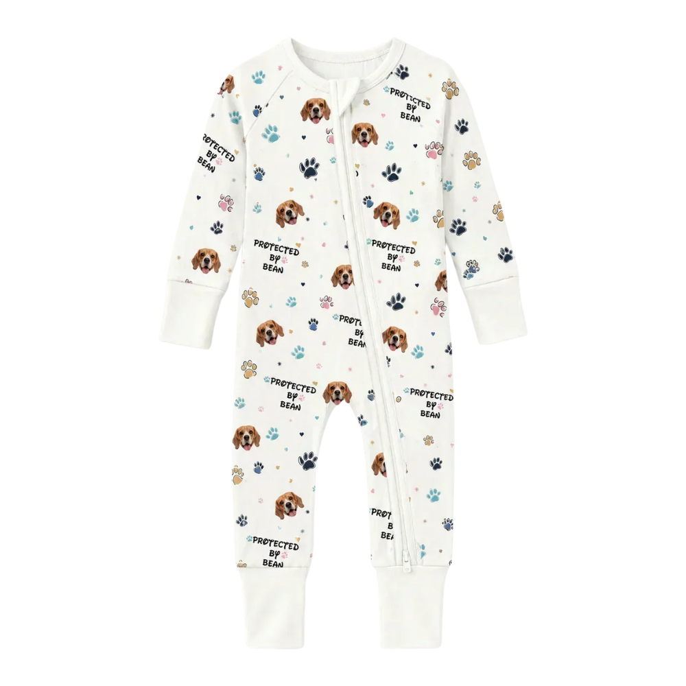 Custom Protected By Dog Baby Convertible Zipper Romper, Custom Dog Photo Baby Romper Convertible BB0644