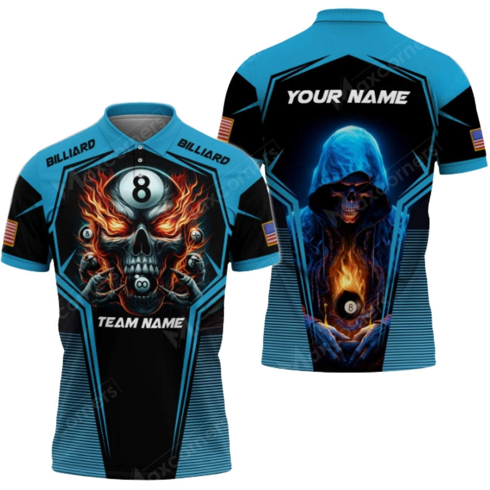Custom Skull Mens Flaming 8 Ball Black And Red Billiard Polo Shirt, Custom Skull 8 Ball Billiard Pool Team Shirts BIZ0303