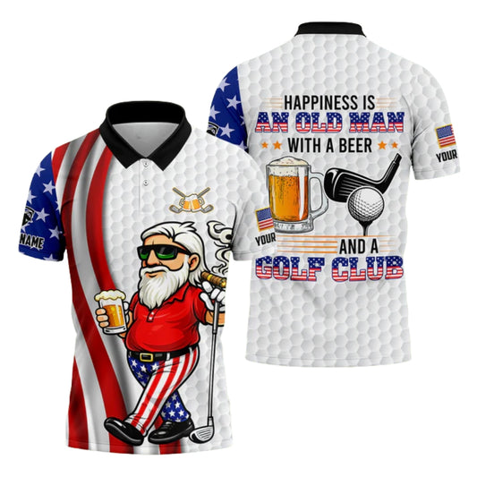 Happiness Is An Old Man With A Beer Custom Men's Funny Golf Polo Shirt White, Custom Funny Beer Golf Shirt For 4th Of July GB0017
