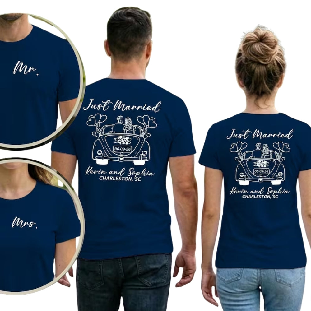 Personalized Just Married Matching Mr And Mrs T Shirts, Custom Wedding Matching Couple Shirts For Honeymoon ET0743