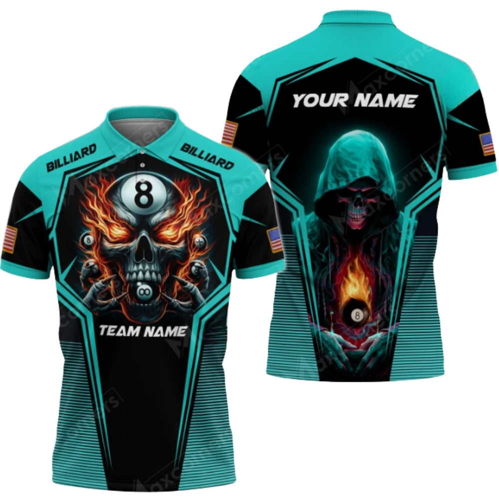 Custom Skull Mens Flaming 8 Ball Black And Red Billiard Polo Shirt, Custom Skull 8 Ball Billiard Pool Team Shirts BIZ0303