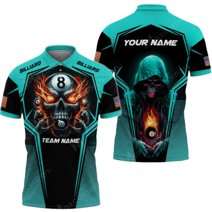 Custom Skull Mens Flaming 8 Ball Black And Red Billiard Polo Shirt, Custom Skull 8 Ball Billiard Pool Team Shirts BIZ0303