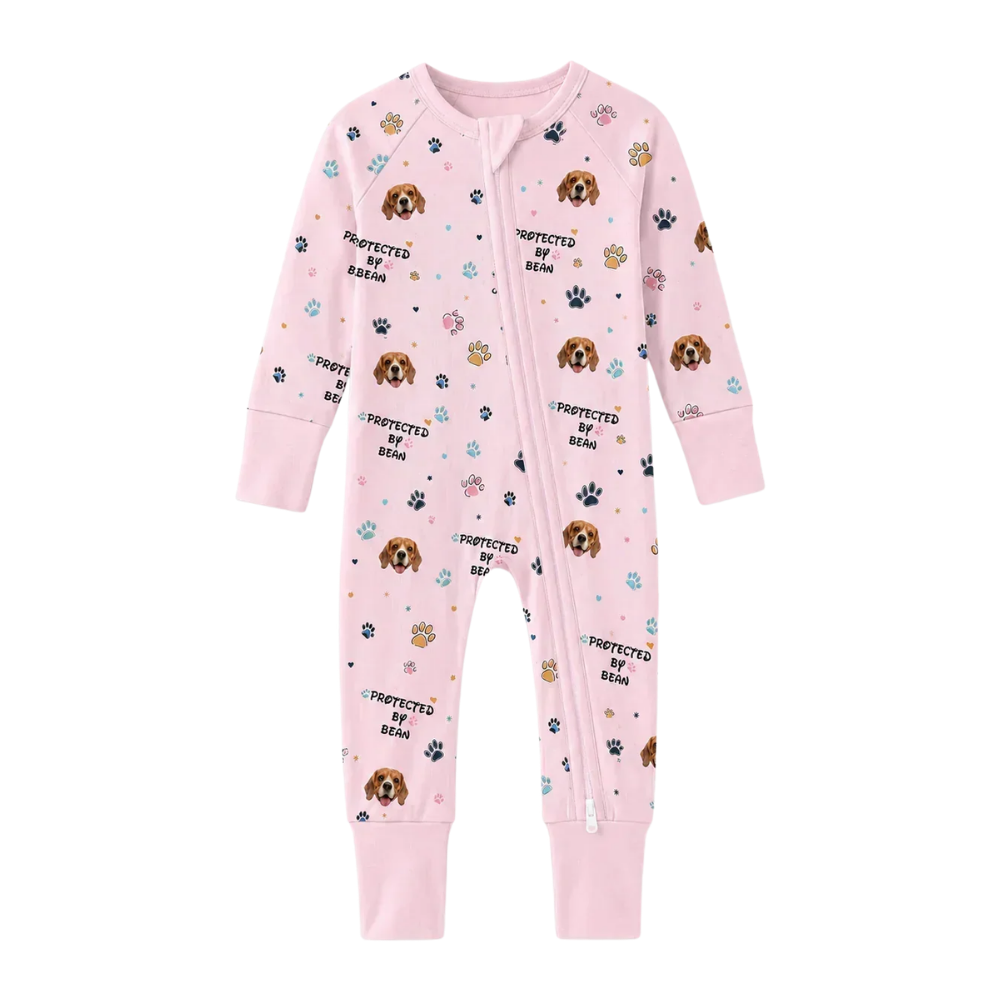Custom Protected By Dog Baby Convertible Zipper Romper, Custom Dog Photo Baby Romper Convertible BB0644