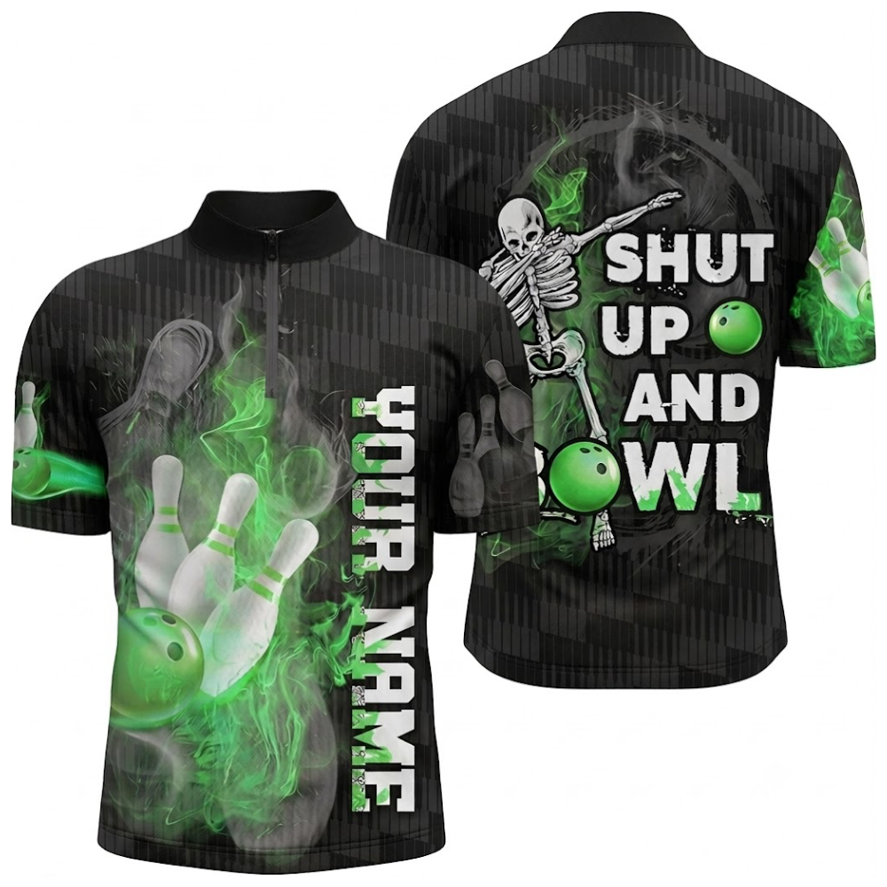 Shut Up And Bowl Custom Skeleton Flame Men's Bowling Jersey, Custom Skull Bowling Shirts  BZ0792