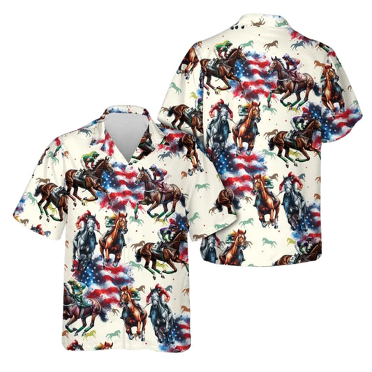 American Flag Horse Racing Hawaiian Shirt For Men, Patriotic Horse Racing Hawaiian Shirts HE0408