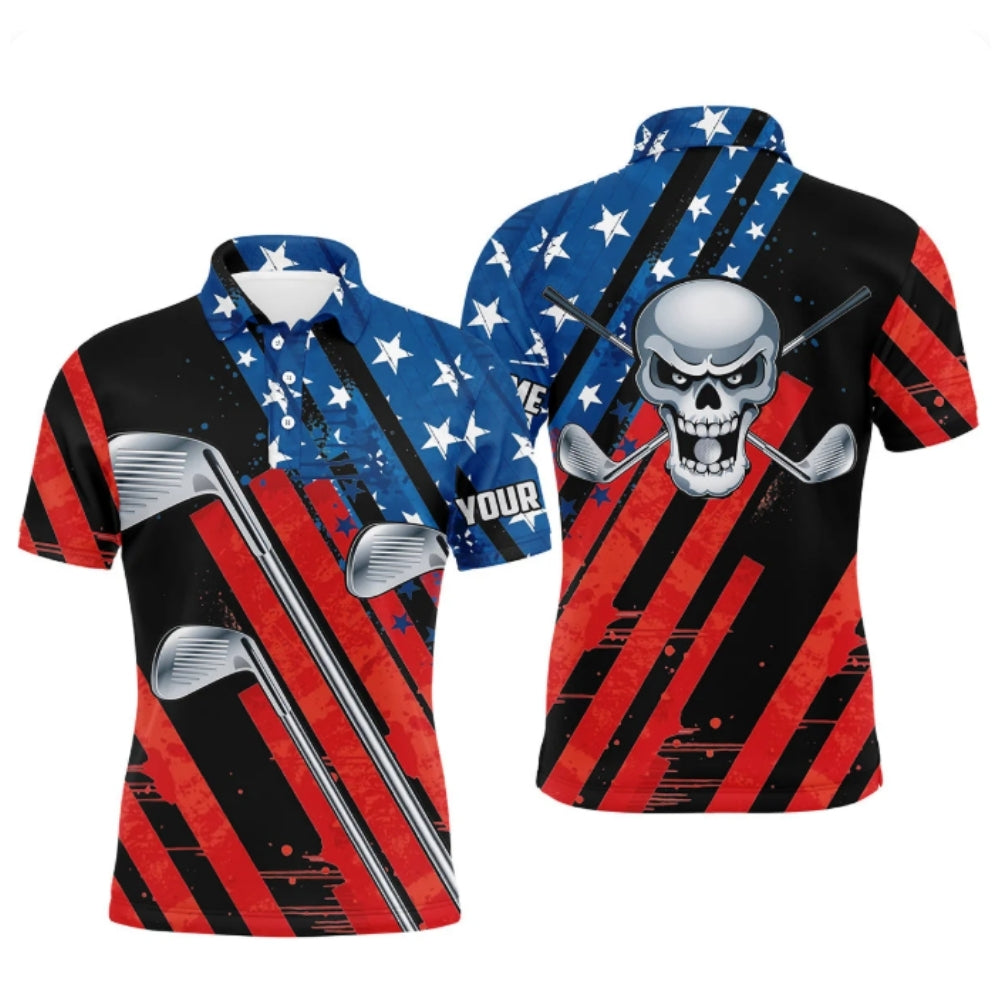 Custom American Flag Skull Golf Polo Shirt For Men, Custom Patriotic Skull Golf Shirts GZ0245