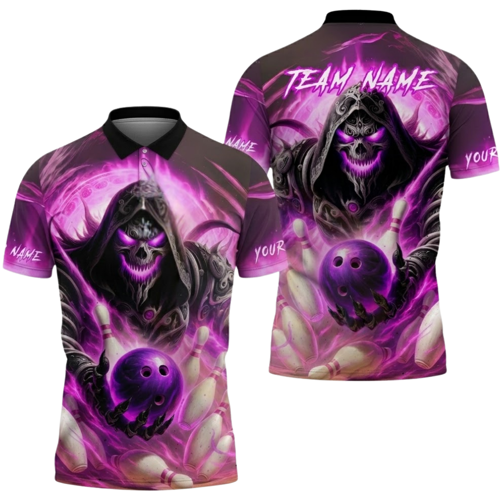 Custom Skeleton Blue Flame Bowling Polo Shirt Mens, Custom Team Skull Bowling Shirts BZ0505