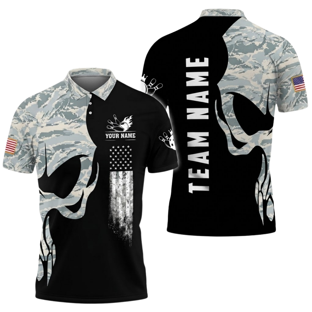 Custom Mens Camo Skeleton Bowling Polo Shirt, Custom Skull Bowling Team Shirts BZ0550