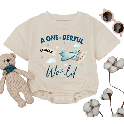 Personalized A Onederful World Baby T Shirt Romper, Custom Airplane First Birthday Baby Romper BB0306