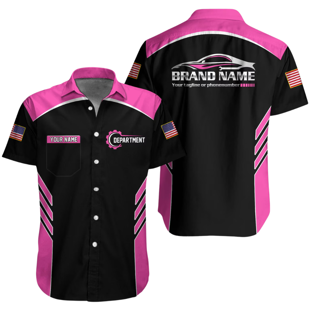 Personalized Racing Team Workwear Button Hawaiian Shirt Men, Custom Mechanic Uniform Shirts For Company HE0379