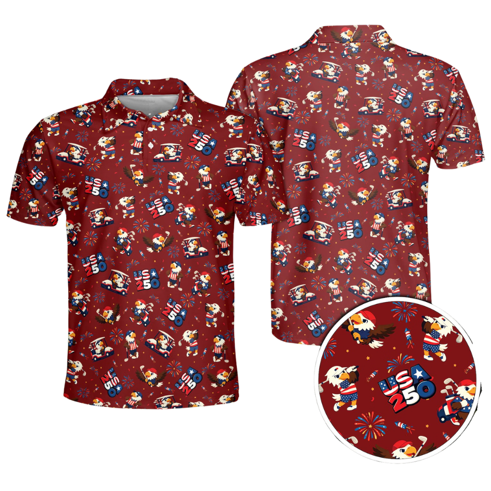 Men's Funny Eagle American Flag Navy Golf Polo Shirts, 4th Of July Eagle Golf Shirts GE0481