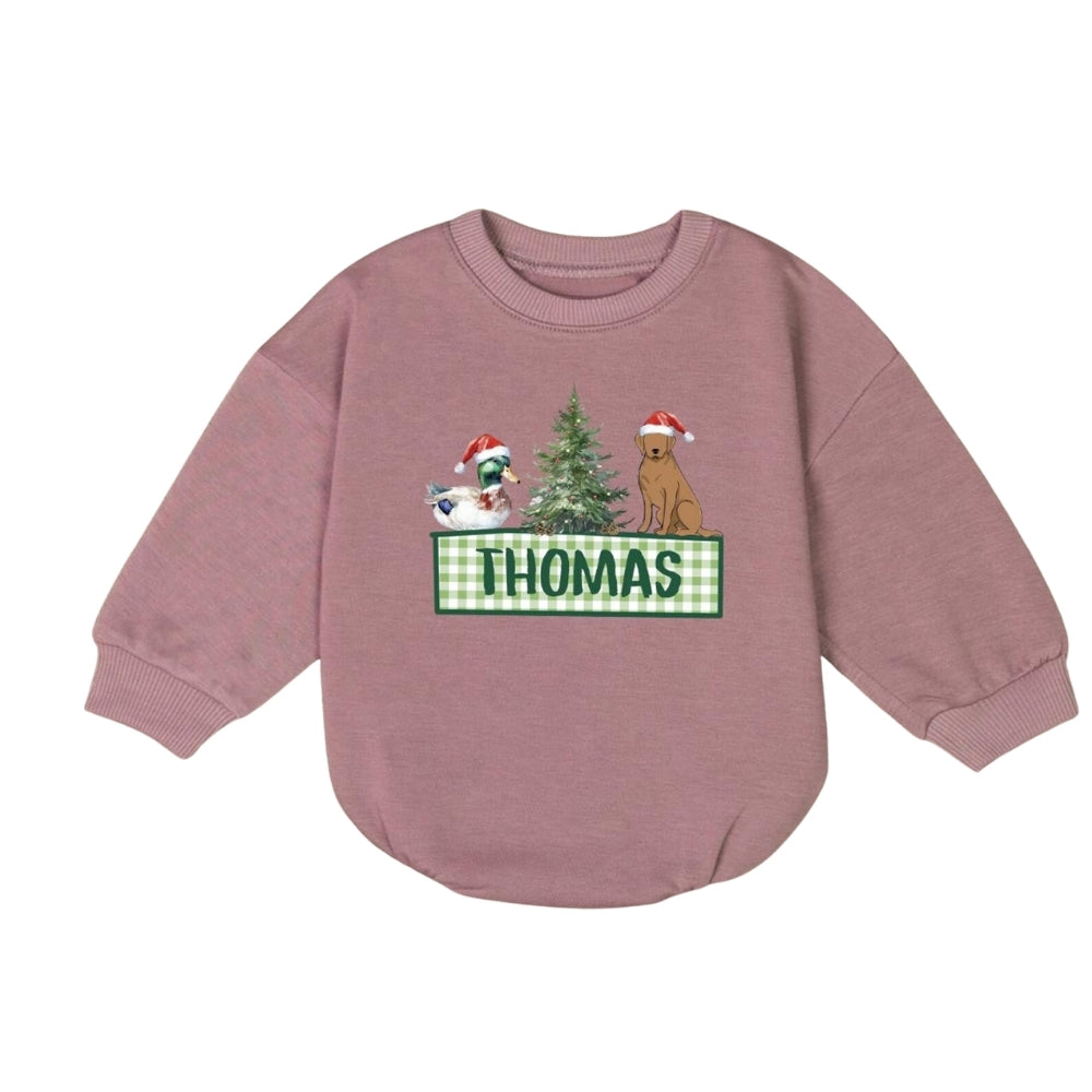 Personalized Mallard Duck Labrador Christmas Tree Baby Romper Sweatshirt, Custom Name Christmas Baby Hunting Romper Sweatshirt BB0207
