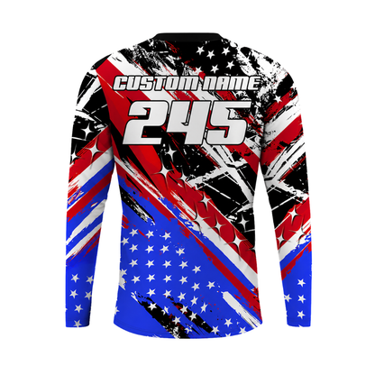 Custom American Flag Rider Motocross Long Sleeve Jersey Shirt Mens, Personalized Patriotic Dirt Bike Motocross Shirts MZ0089
