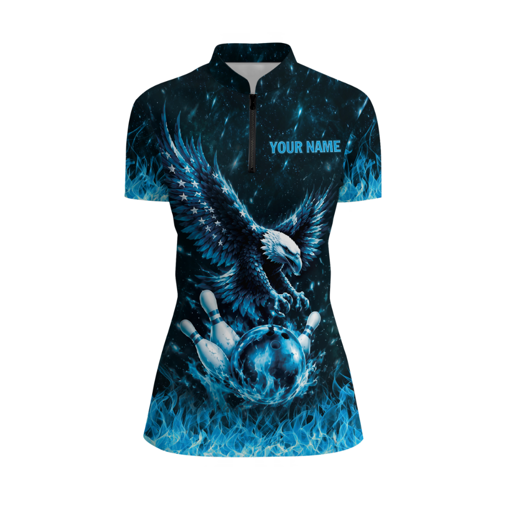 Custom Eagle Blue Flame Bowling Jersey Shirts Womens, Custom Eagle Bowling Team Shirts For Women BM0356