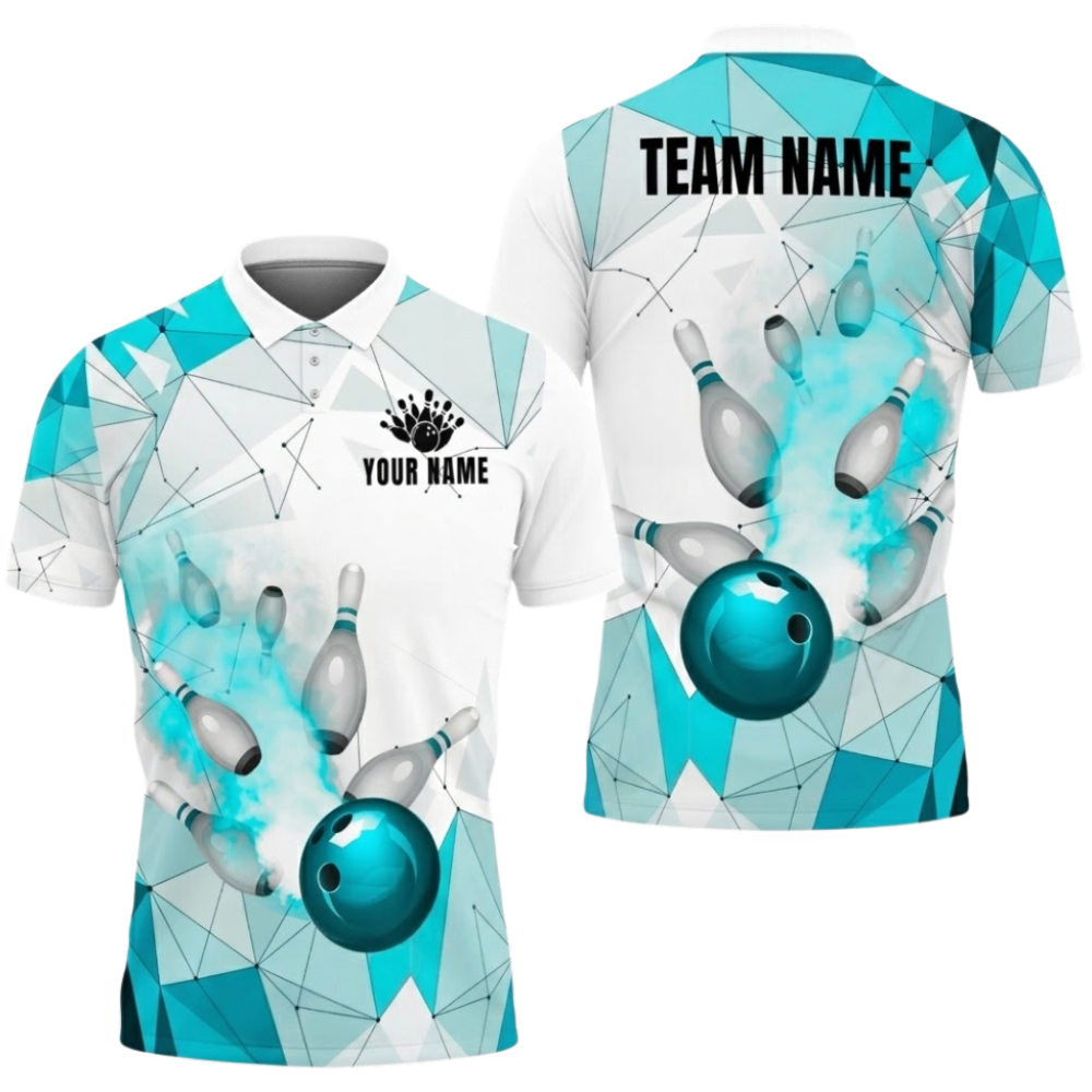 Custom Team Blue White Geometric Bowling Polo Shirt Men, Custom Bowling Shirt BZ0806
