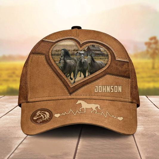 Black Horses Heart Shaped Style Customized Name Cap CA0183