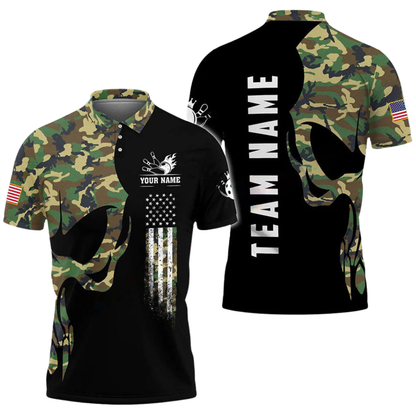 Custom Green Camouflage Skull Bowling Polo Shirt For Men, Custom Skull Bowling Team Shirts BZ0611
