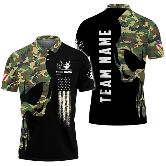 Custom Green Camouflage Skull Bowling Polo Shirt For Men, Custom Skull Bowling Team Shirts BZ0611