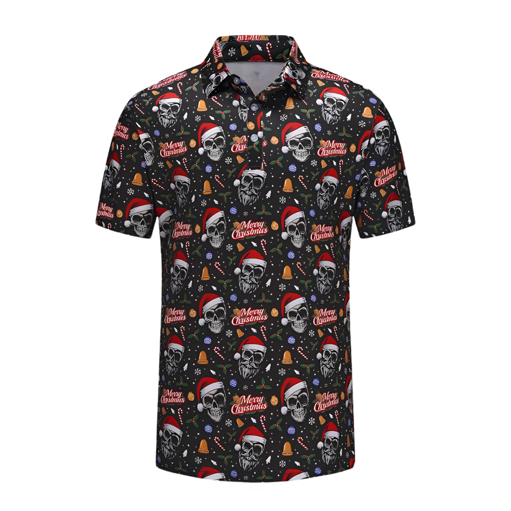 Merry Christmas Black Skull  Golf Polo Shirt For Men, Christmas Skull Golf Shirts GZ0440