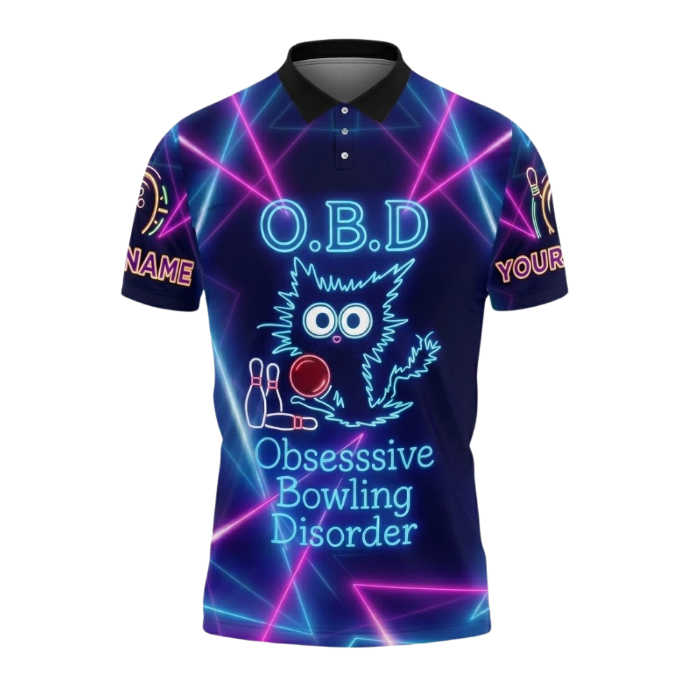 O.B.D Obsessive Bowling Disorder Custom Funny Cat Neon Bowling Polo Shirt For Men, Custom Funny Bowling Team Shirts BZ0743