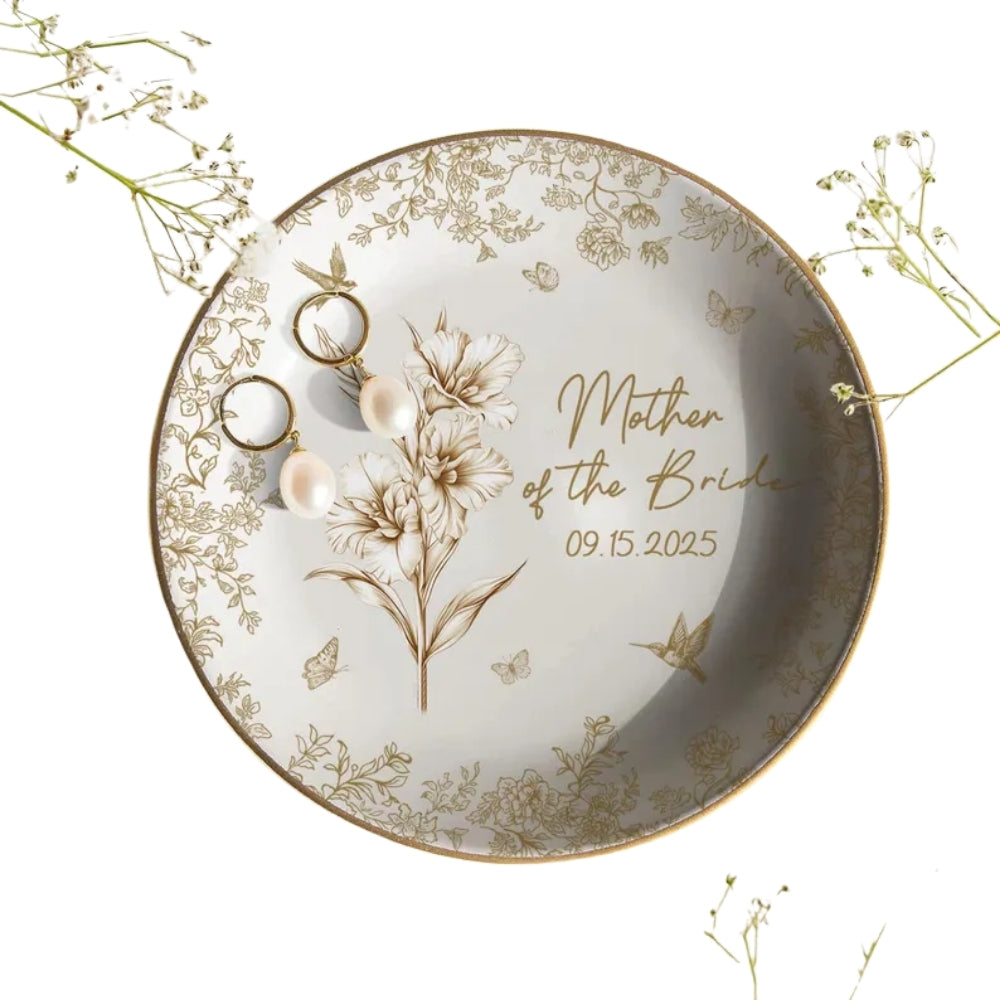 Custom Toile De Jouy Mother Of The Bride & Groom Jewelry Dish, Custom Wedding Jewelry Dish For Mother Of The Bride & Groom WD0054