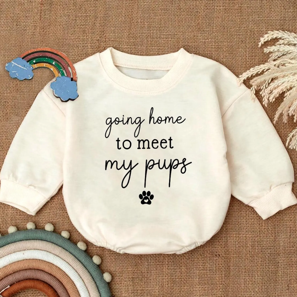 Baby Going Home to Meet My Pups Romper Sweatshirt, Funny Dog Lover Baby Romper Sweatshirt BB0111
