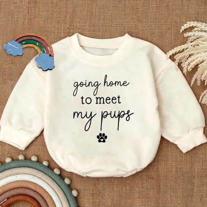 Baby Going Home to Meet My Pups Romper Sweatshirt, Funny Dog Lover Baby Romper Sweatshirt BB0111