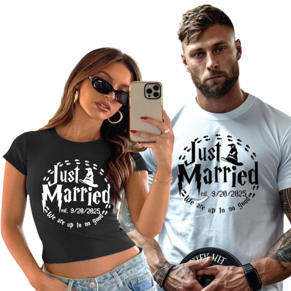 Just Married We Are Up To No Good Custom Date Matching Couple T Shirts Wizard, Custom Matching His And Her Shirts For Honeymoon ET0914